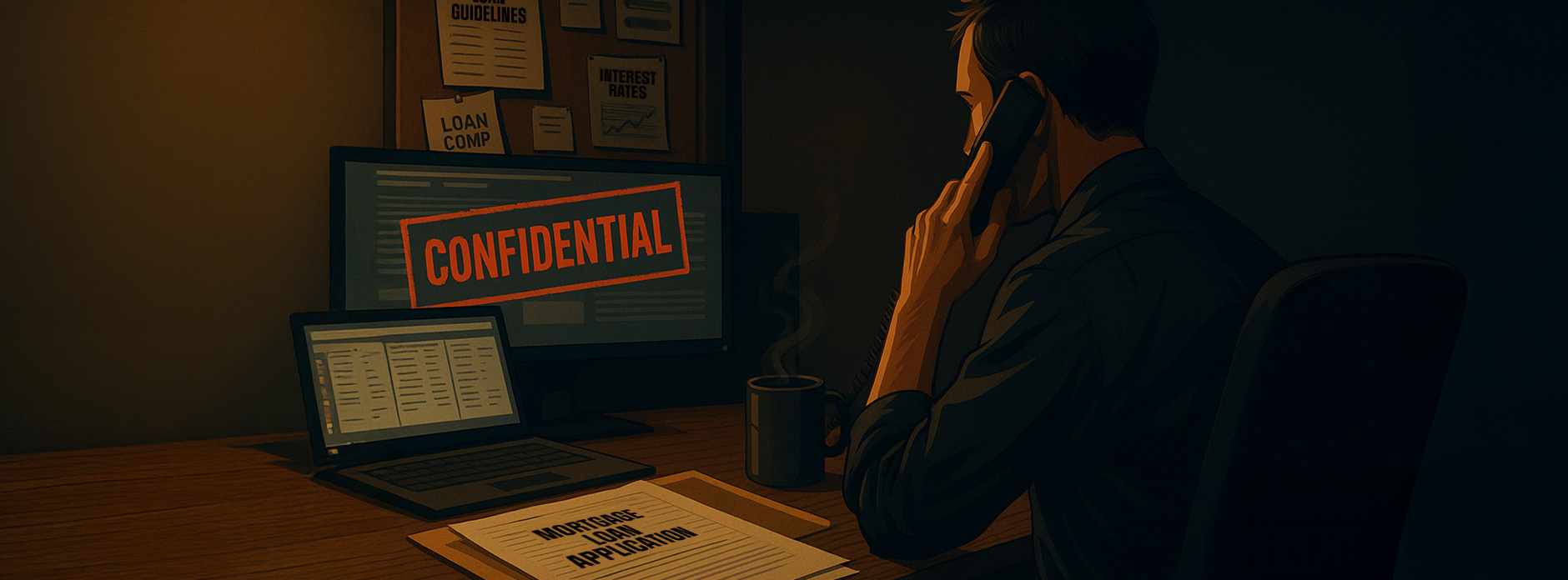 Loan officer working late at desk with mortgage documents and CONFIDENTIAL stamped on screen, promoting exclusive loan officer Facebook group.